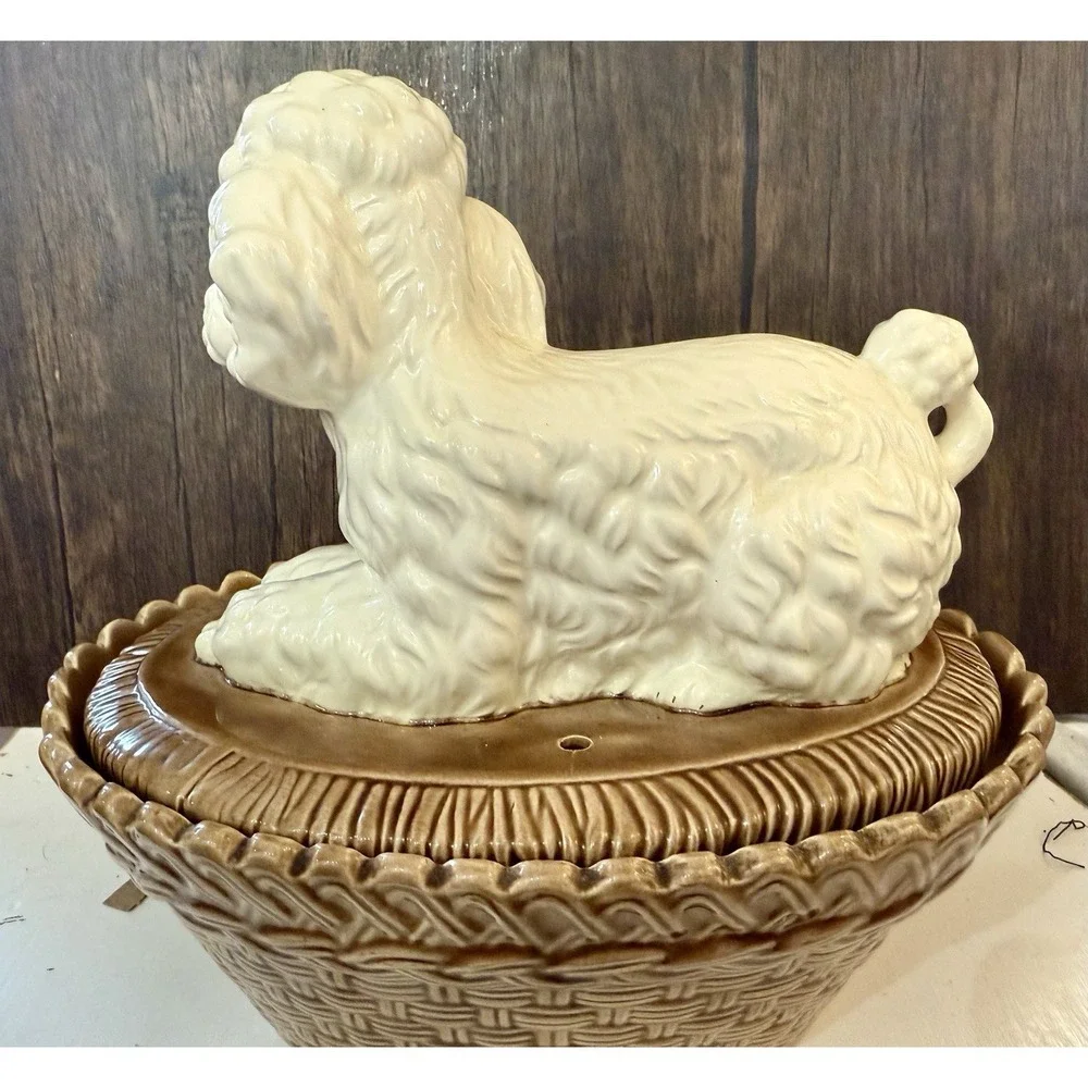 VTG‎ Poodle Dog On Brown Basket Ceramic Cookie Jar Bowl Planter Candy Dish